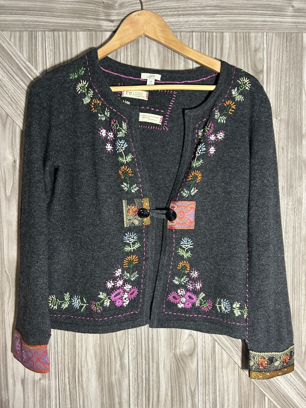 J Jill Embroidered Boho Cottagecore Cardigan Jacket Charcoal Gray XS